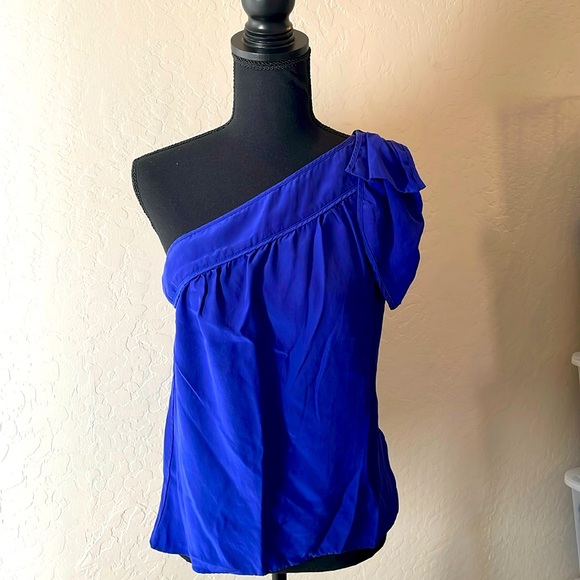 PARKER ROYAL BLUE SILK ONE SHOULDER BLOUSE TOP - Picture 2 of 10